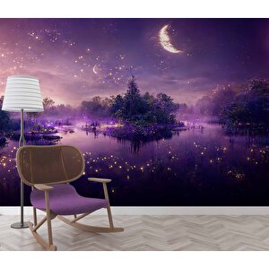Mor Romantik Gece Göl Kenarı Temalı Duvar Kağıdı Baskı - Dkm606113