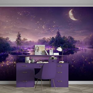 Mor Romantik Gece Göl Kenarı Temalı Duvar Kağıdı Baskı - Dkm606120