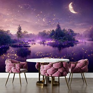 Mor Romantik Gece Göl Kenarı Temalı Duvar Kağıdı Baskı - Dkm606120