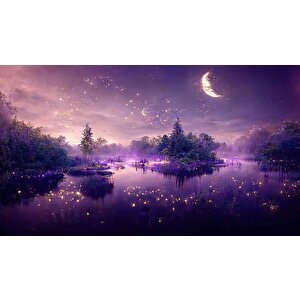 Mor Romantik Gece Göl Kenarı Temalı Duvar Kağıdı Baskı - Dkm606120