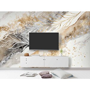 3 Boyutlu Tüy Ve Mermer Desenli Duvar Kağıdı - Dkm754096 400x300 cm
