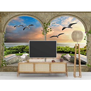 3 Boyutlu Sütun Desenli Deniz Manzaralı Duvar Kağıdı Baskı - Dkm-024_75807 250x200 cm