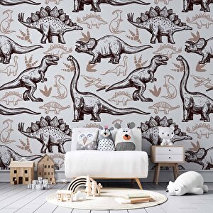 Kahverengi -beyaz Dinozor Desenli Duvar Kağıdı Baskı - Dkm198008 300x200 cm