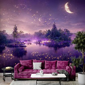 Mor Romantik Gece Göl Kenarı Temalı Duvar Kağıdı Baskı - Dkm606074 375x280 cm
