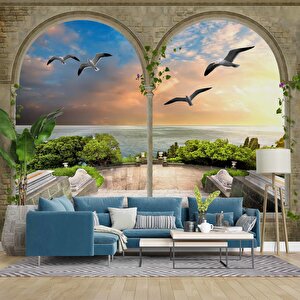 3 Boyutlu Sütun Desenli Deniz Manzaralı Duvar Kağıdı Baskı - Dkm-024_97304 150x300 cm
