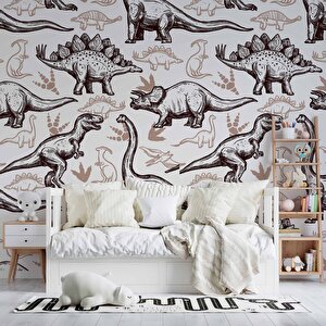 Kahverengi -beyaz Dinozor Desenli Duvar Kağıdı Baskı - Dkm198114