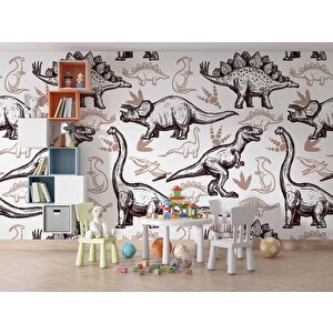 Kahverengi -beyaz Dinozor Desenli Duvar Kağıdı Baskı - Dkm198114