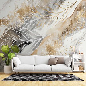 3 Boyutlu Tüy Ve Mermer Desenli Duvar Kağıdı - Dkm754017 525x200 cm
