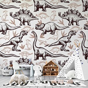 Kahverengi -beyaz Dinozor Desenli Duvar Kağıdı Baskı - Dkm198029