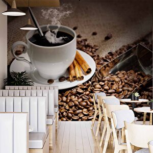 Fincan Ve Kahve Çekirdeği Temalı Cafe Duvar Kağıdı Baskı - Dkb273125 700x315 cm