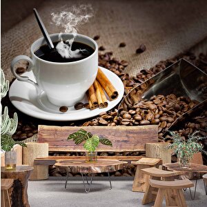Fincan Ve Kahve Çekirdeği Temalı Cafe Duvar Kağıdı Baskı - Dkb273106 900x300 cm