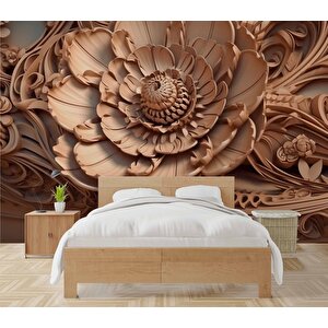 3 Boyutlu Açan Çiçek Figürlü Ağaç Oyma Desenli Duvar Kağıdı - Dkm932061 600x260 cm
