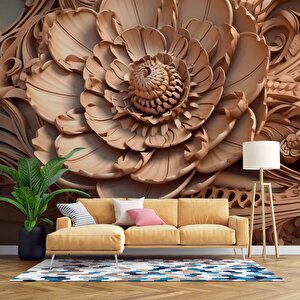 3 Boyutlu Açan Çiçek Figürlü Ağaç Oyma Desenli Duvar Kağıdı - Dkm932089 225x300 cm