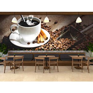 Fincan Ve Kahve Çekirdeği Temalı Cafe Duvar Kağıdı Baskı - Dkb273094 350x300 cm