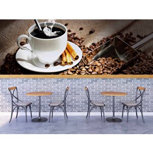 Fincan Ve Kahve Çekirdeği Temalı Cafe Duvar Kağıdı Baskı - Dkb273094