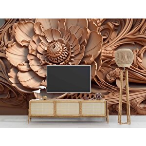 3 Boyutlu Açan Çiçek Figürlü Ağaç Oyma Desenli Duvar Kağıdı - Dkm932107 100x315 cm