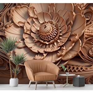 3 Boyutlu Açan Çiçek Figürlü Ağaç Oyma Desenli Duvar Kağıdı - Dkm932114
