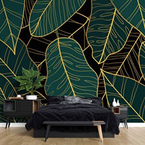 Yeşil Yaprak Ve Altın Çizgi Duvar Kağıdı - Dkm498006 250x200 cm