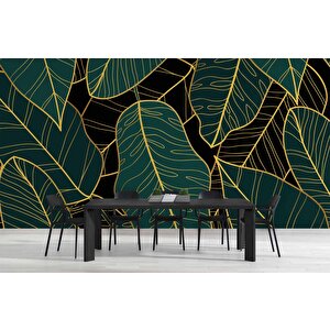Yeşil Yaprak Ve Altın Çizgi Duvar Kağıdı - Dkm498006
