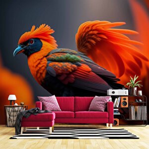 Kırmızı Kuş Temalı Duvar Kağıdı Baskı - Dkm542064 900x260 cm