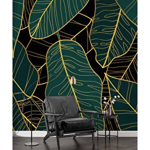 Yeşil Yaprak Ve Altın Çizgi Duvar Kağıdı - Dkm498097