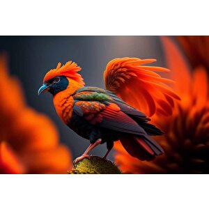 Kırmızı Kuş Temalı Duvar Kağıdı Baskı - Dkm542026