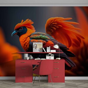 Kırmızı Kuş Temalı Duvar Kağıdı Baskı - Dkm542049