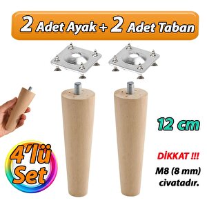 Ahşap Ayak 12 Cm 4'lü Set M8 Civatalı Bağlantı Aparatlı Dolap Mobilya Koltuk Kanepe Destek Ayağı Ayakları