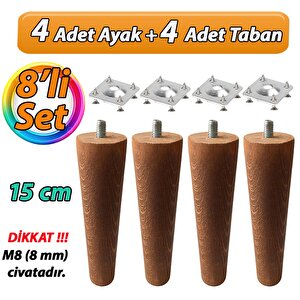 Ahşap Ayak 15 Cm 8'li Set Koyu Meşe M8 Civatalı Bağlantı Aparatlı Dolap Mobilya Koltuk Kanepe Destek Ayağı Ayakları