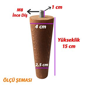 Ahşap Ayak 15 Cm 8'li Set Koyu Meşe M8 Civatalı Bağlantı Aparatlı Dolap Mobilya Koltuk Kanepe Destek Ayağı Ayakları