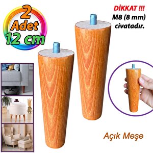2 Adet Ahşap Ayak Açık Meşe 12 Cm Dolap Mobilya Koltuk Kanepe Destek Ayağı Ayakları Konik M8 Civatalı