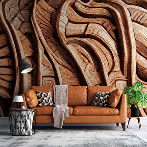 3 Buyutlu Ağaç Oyma Desenli Duvar Kağıdı - Dkm873044 100x260 cm