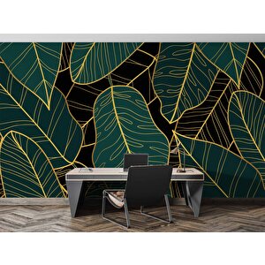Yeşil Yaprak Ve Altın Çizgi Duvar Kağıdı - Dkm498028 275x240 cm