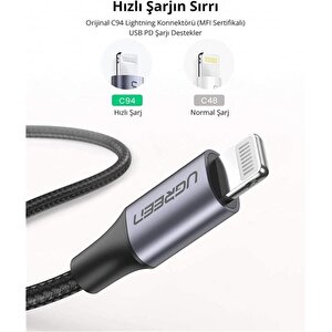 Ugreen Type-c To Lightning 3a Pd Mfi̇ Serti̇fi̇kali Örgülü Hizli Şarj Kablosu 1 Mt Si̇yah 60759
