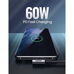 Ugreen Usb-c 60w 3a Qc Pd Çi̇ft Tarafi 90 Derece Örgülü Hizli Şarj Kalosu 2 Mt Si̇yah 70531