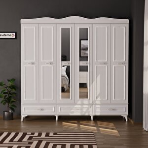 Luna 6 Kapaklı 3 Çekmeceli Aynalı Gardırop Beyaz
