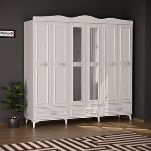 Luna 6 Kapaklı 3 Çekmeceli Aynalı Gardırop Beyaz