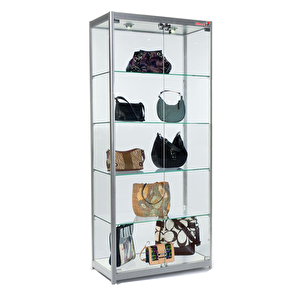 Spotlu Camlı Koleksiyon Vitrini , Model Araba Figür Dolabı , 180x60x40 Siyah 1860es Gümüş Gri