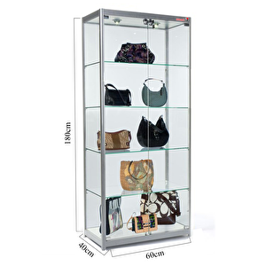 Spotlu Camlı Koleksiyon Vitrini , Model Araba Figür Dolabı , 180x60x40 Siyah 1860es Gümüş Gri
