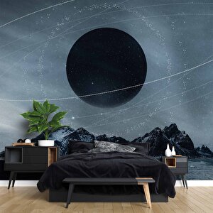 Dağ Ve Siyah Ay Manzaralı Duvar Kağıdı Baskı - Dkm513053 375x260 cm