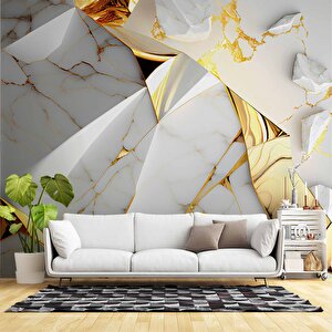 3 Buyutlu Beyaz Mermer Ve Altın Kaplama Desenli Duvar Kağıdı - Dkm874039 550x240 cm