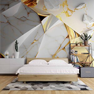3 Buyutlu Beyaz Mermer Ve Altın Kaplama Desenli Duvar Kağıdı - Dkm874117 400x315 cm