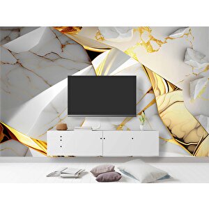 3 Buyutlu Beyaz Mermer Ve Altın Kaplama Desenli Duvar Kağıdı - Dkm874117 400x315 cm