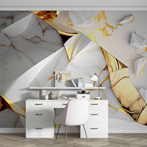 3 Buyutlu Beyaz Mermer Ve Altın Kaplama Desenli Duvar Kağıdı - Dkm874117