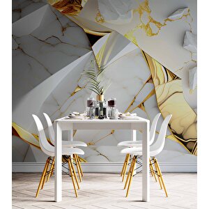 3 Buyutlu Beyaz Mermer Ve Altın Kaplama Desenli Duvar Kağıdı - Dkm874117