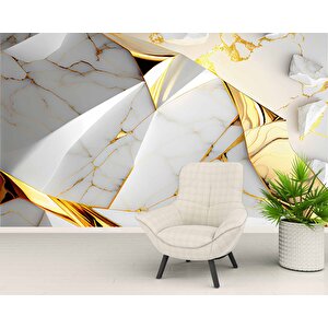 3 Buyutlu Beyaz Mermer Ve Altın Kaplama Desenli Duvar Kağıdı - Dkm874117