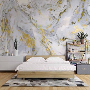 Beyaz-altın Mermer Desenli Duvar Kağıdı Baskı - Dkm093112 275x315 cm