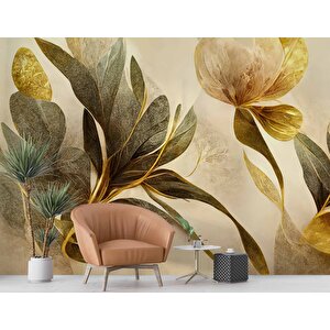 3 Boyutlu Altın Yaprak Çizim Temalı Duvar Kağıdı - Dkm900007