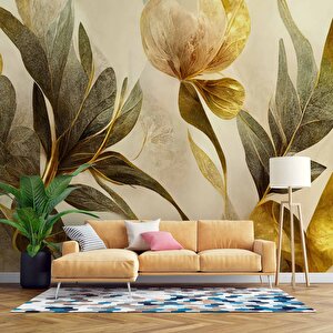 3 Boyutlu Altın Yaprak Çizim Temalı Duvar Kağıdı - Dkm900017 525x200 cm