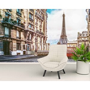 Paris Sokak Ve Eyfel Kulesi Manzaralı Duvar Kağıdı Baskı - Dkm552020